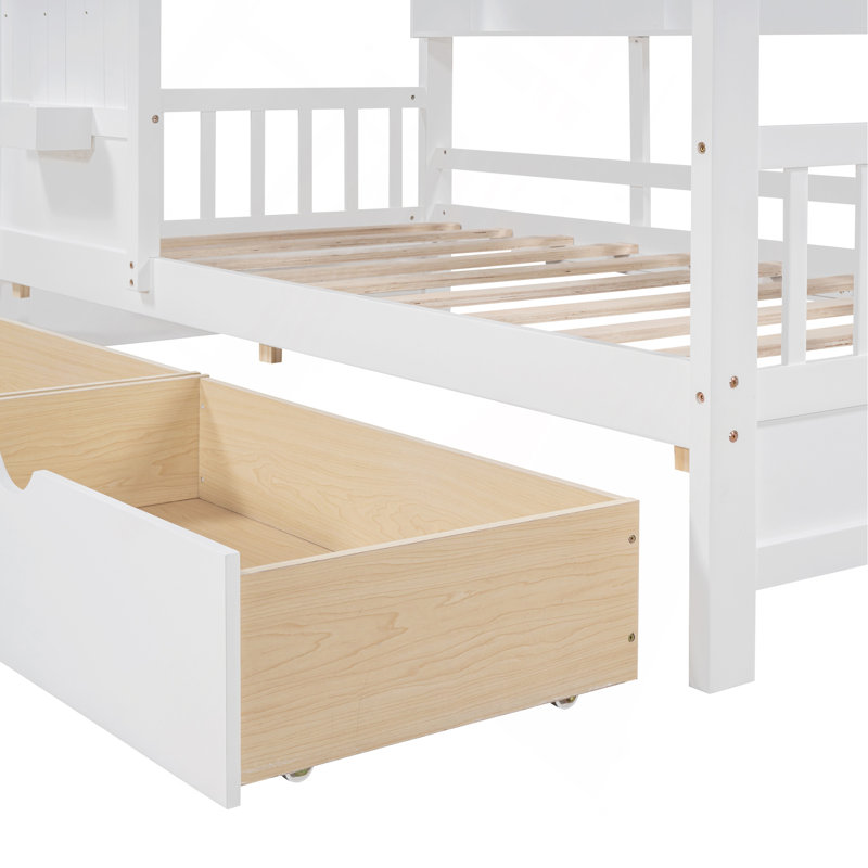 Lit simple en bois avec 2 tiroirs, lit pour enfant avec tablette de rangement, blanc, Lit simple