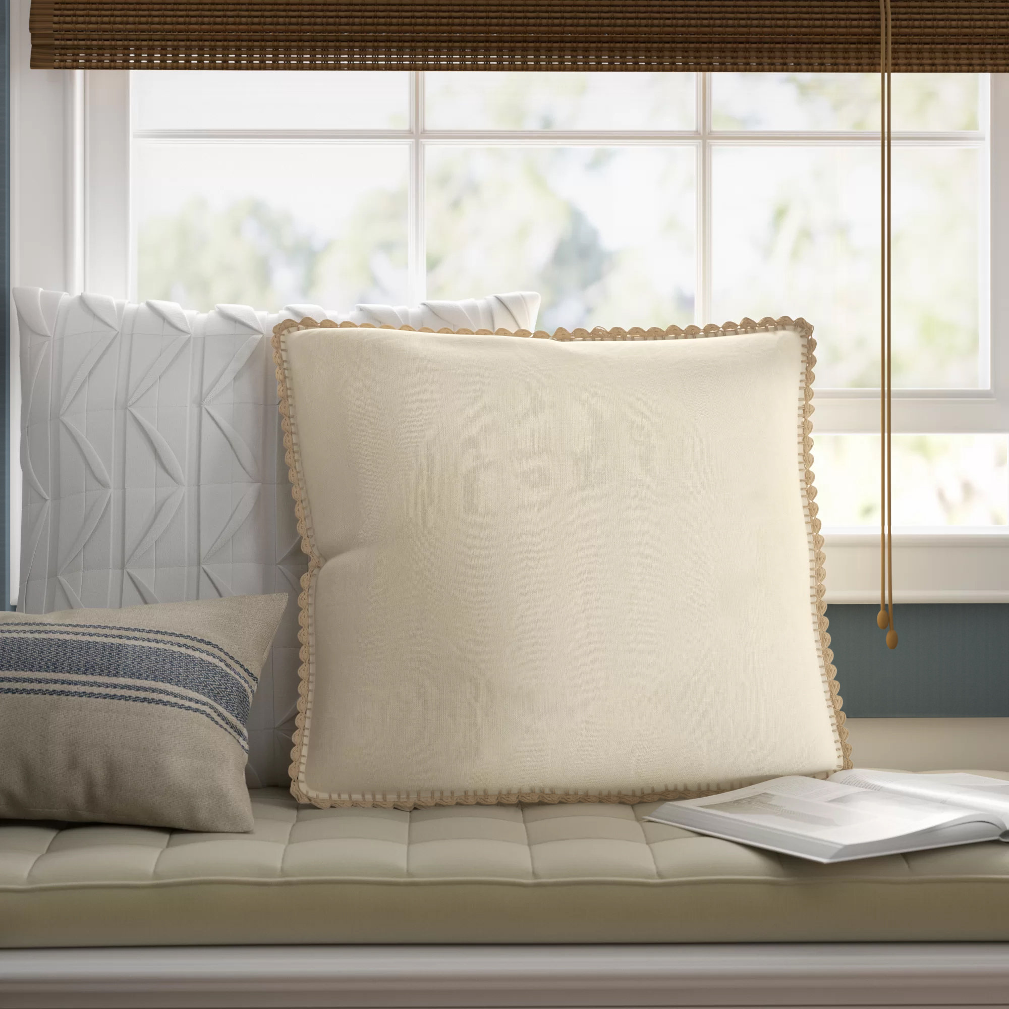 Stokes Embroidered Linen Throw Pillow, 20" x 20", Pillow Cover Only, Stone