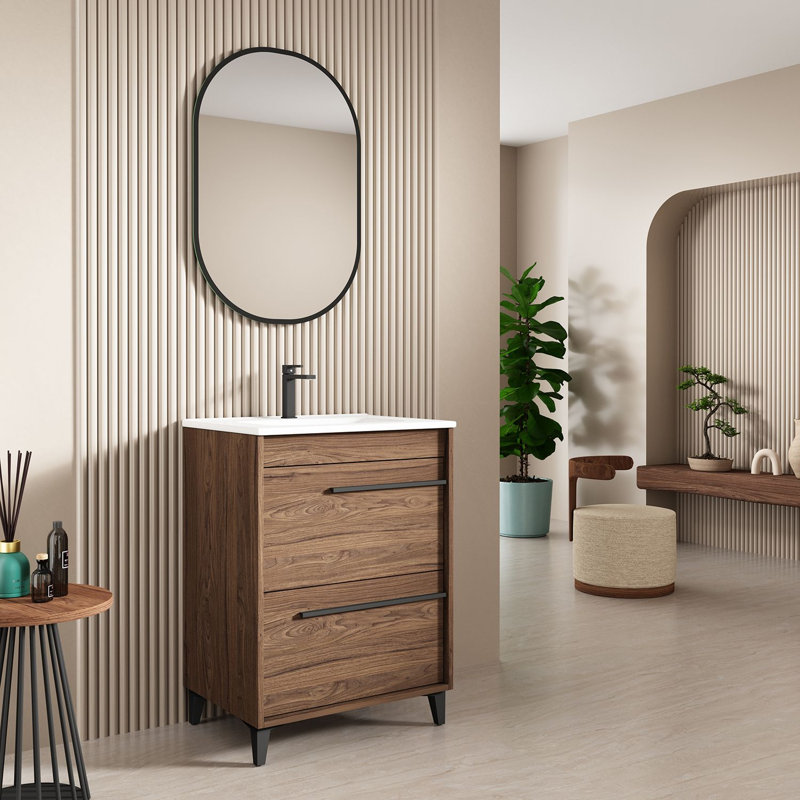 Lotus 28.0" Freestanding Single Bathroom Vanity with Ceramic Top, Walnut, 32"