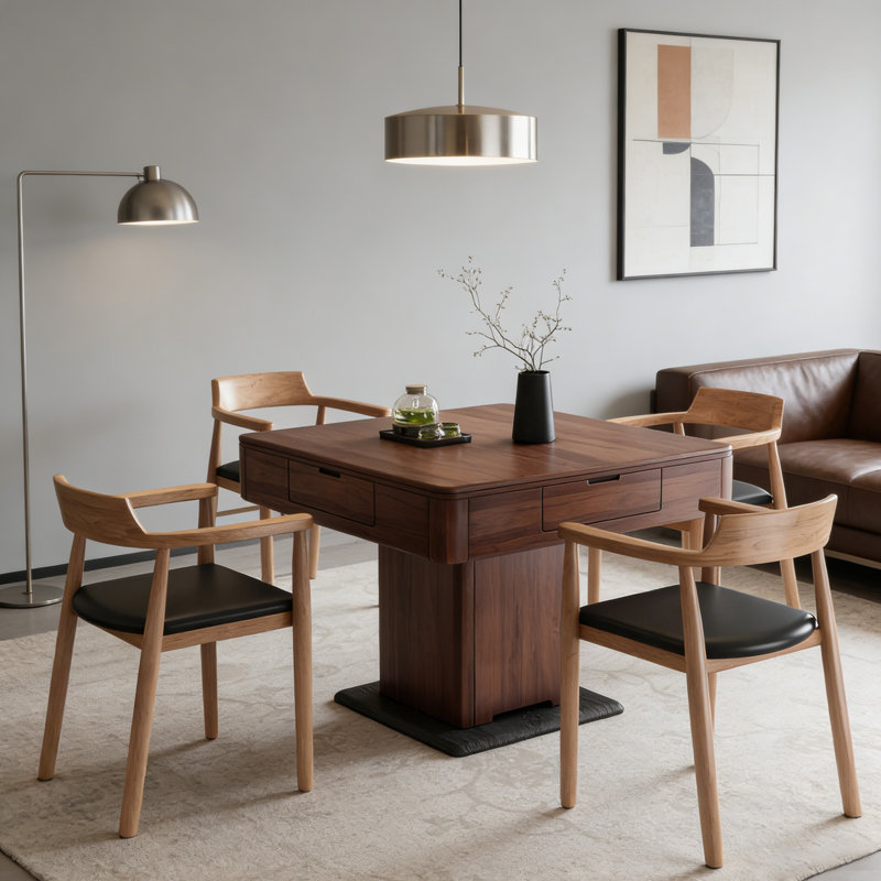 Table de Mahjong moderne et moderne avec plateau en bois massif, finition noyer, mobile avec roulettes
