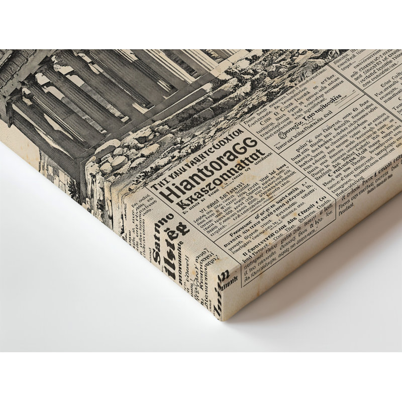 Toile, une page de journal rétro titrée «Serves as a Richly textured», toile de fond beige avec surface texturée