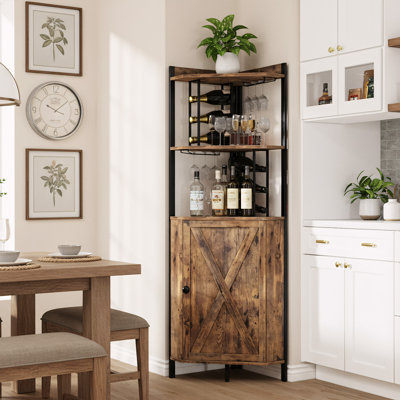63” Corner Bar Cabinet With Wine Rack, 5-Tier Farmhouse Liquor Cabinet With Glass Holder, Adjustable Shelves & Barn Door, Rustic Brown Home Bar Storag