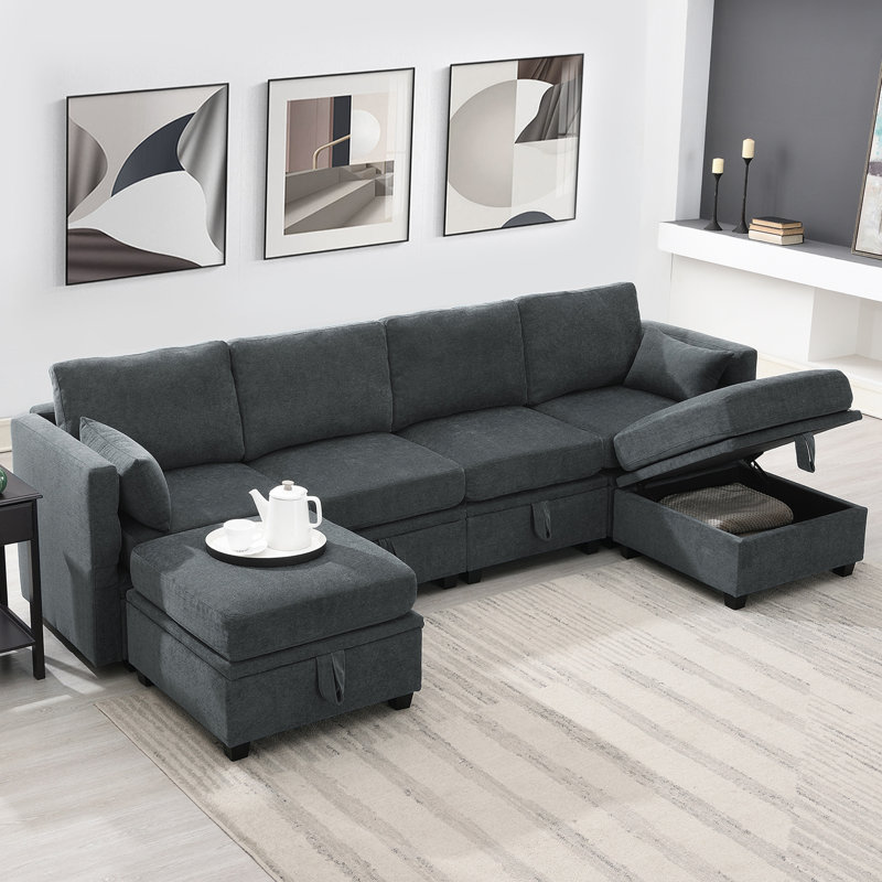 6 - Piece Upholstered Sectional, Grey Chenille