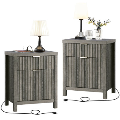 Arrilla 25" H Fluted 2-Drawer Nightstand with Built-In Outlets