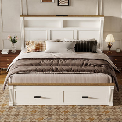  Farmhouse King Size Wood Platform Bed, Storage Headboard and Footboard Bed with Roman Column Accents