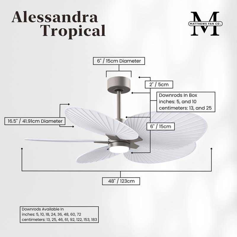 Alessandra Tropical - Five Blade Ceiling Fan - Integrated LED -Matte Black Finish -Light Blue Blades, Brushed Nickel