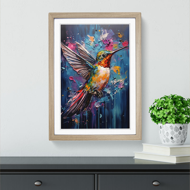 Hummingbird Expressionism No.2 - Single Picture Frame Print on Wood, 64cm H x 46cm W x 2cm D, Oak Framed