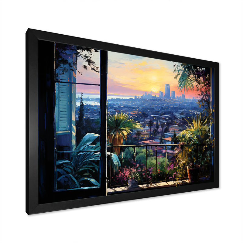 Los Angeles Window View 4 - Los Angeles, art mural, Cadre d'angle fermé noir, H 16 po x l 32 po x P 1 po