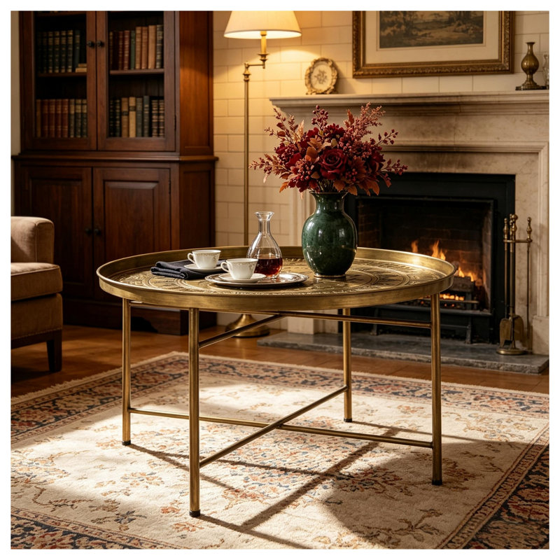 Table d'appoint ronde en métal doré martelé avec pattes réglables, diamètre 61 cm (24 pouces), idéale pour le salon.