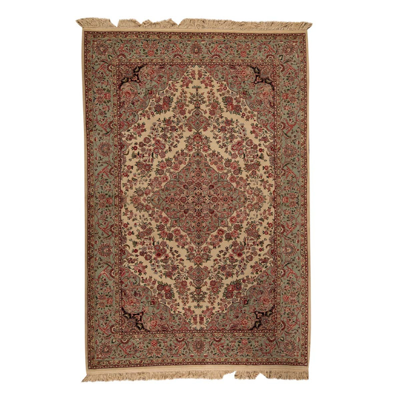 Tapis rouge / vert / beige unique de haute qualité noué à la main