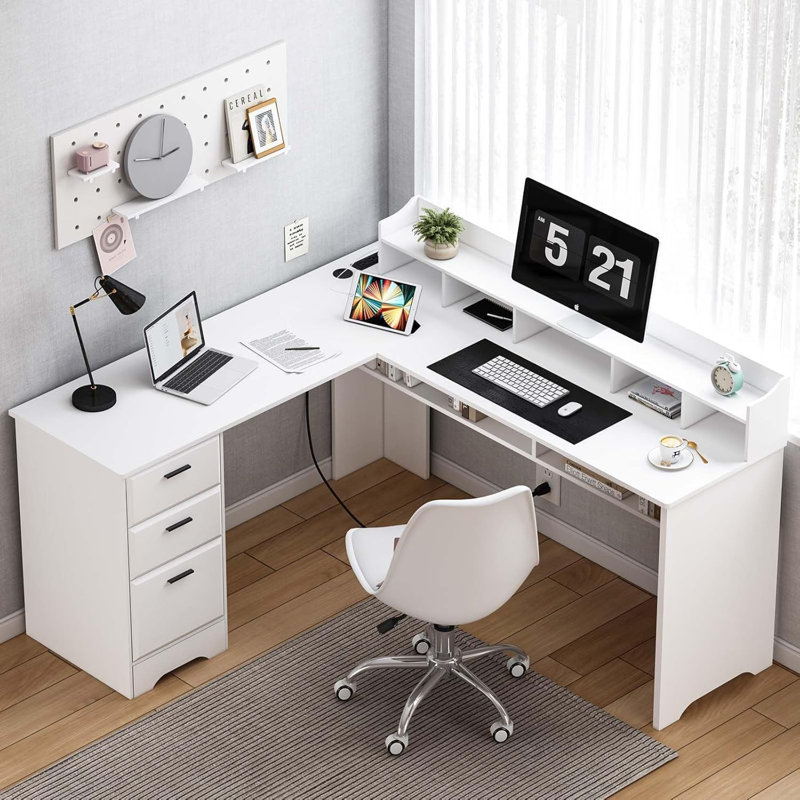 60" L Shaped Office Corner Computer Desk,with Moveable Hutch and Power Outlet