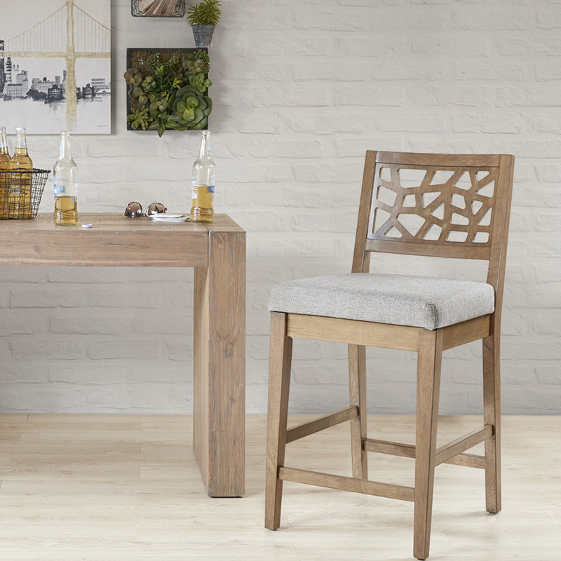 Tabouret de comptoir rembourré au fini chêne avec structure en bois massif et assise grise