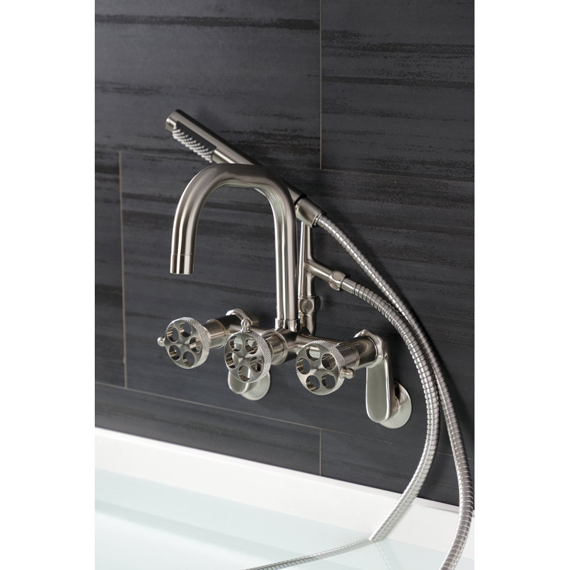 Kingston Brass Webb Three-Handle 2-Hole Adjustable Wall Mount Clawfoot Tub Faucet with Knurled Handle and Hand Shower, Gold