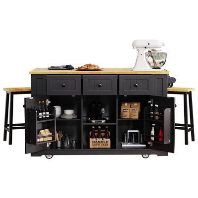 53" Large Kitchen Island With 2 Bar Stools, Storage Cart On Wheels, Drop Leaf, Power Outlets, 3 Drawers & Side Racks,Black by Red Barrel Studio