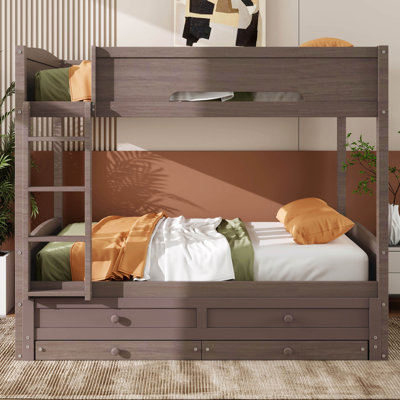 Lit superposé Queen avec rangement et lit gigogne, lit superposé avec lit gigogne pour 3 personnes, échelle et barrières de sécurité, cadre en bois massif
