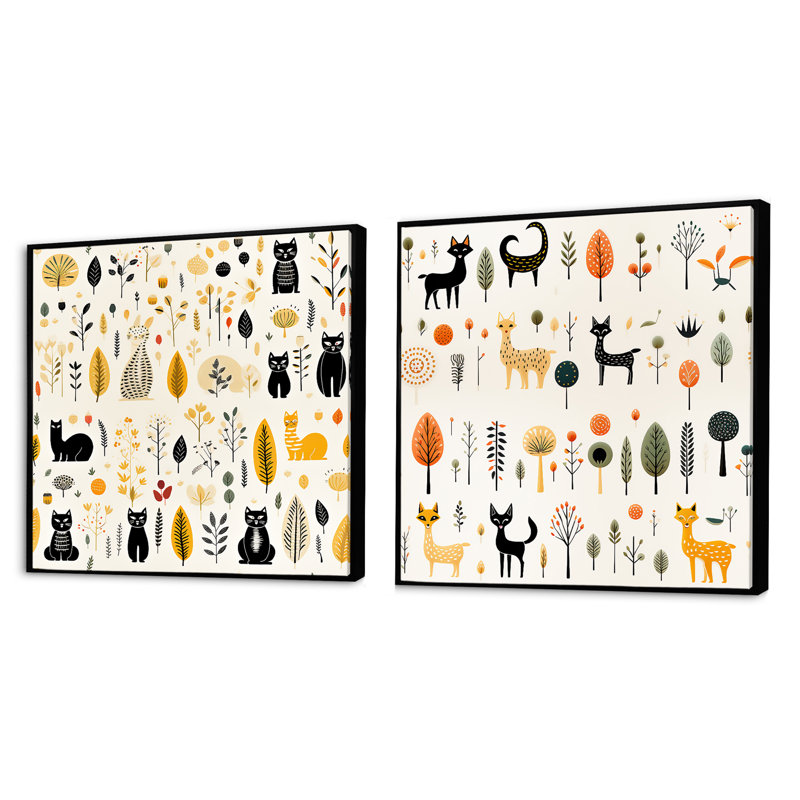 Minimaliste motif d'animaux de la forêt - animaux, ensemble de 2 animaux carrés, Cadre flottant noir, H 16 po x l 33 po