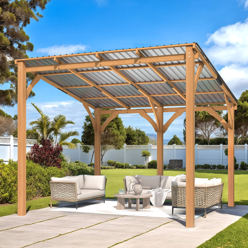 3X3M Outdoor Cedar Lean To Hardtop Pergolas And Gazebos Clearance, 245cm H x 297cm W x 282cm D