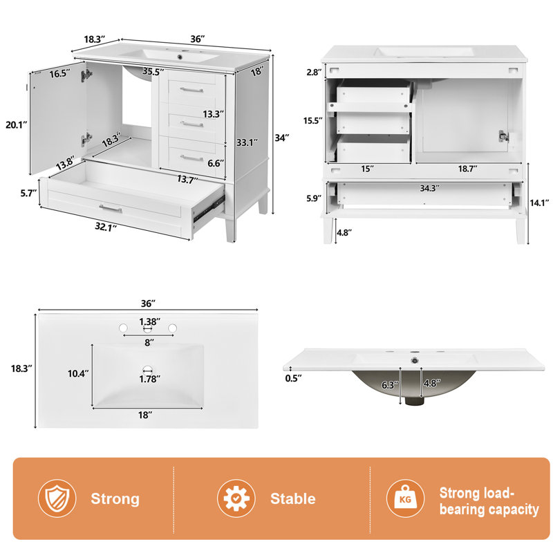 Meuble-lavabo moderne 36 "avec lavabo en céramique, Blanc