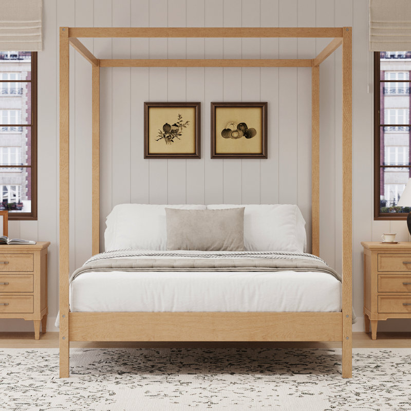 Solid Wood Canopy Bed Frame Four Poster Platform Bed With Slats Support, No Box Spring Needed, Queen, Natural