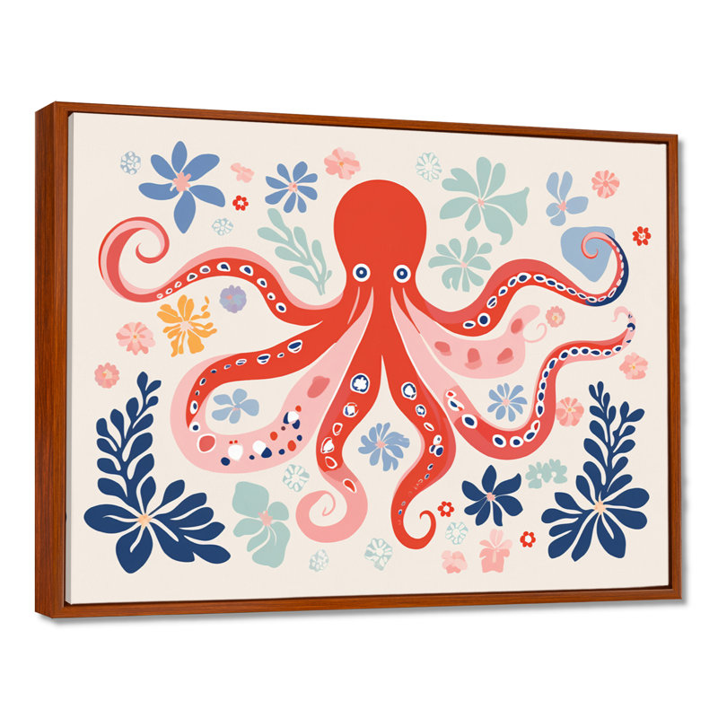 Illustration rétro de la pieuvre rouge océan profond - pieuvre / calmar, Toile brune avec cadre flottant, H 16 po x l 32 po