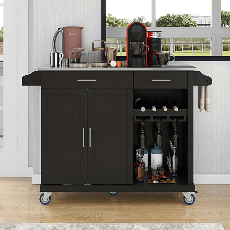 Îlot de cuisine avec plateau en acier inoxydable et cabine de rangement, Noir