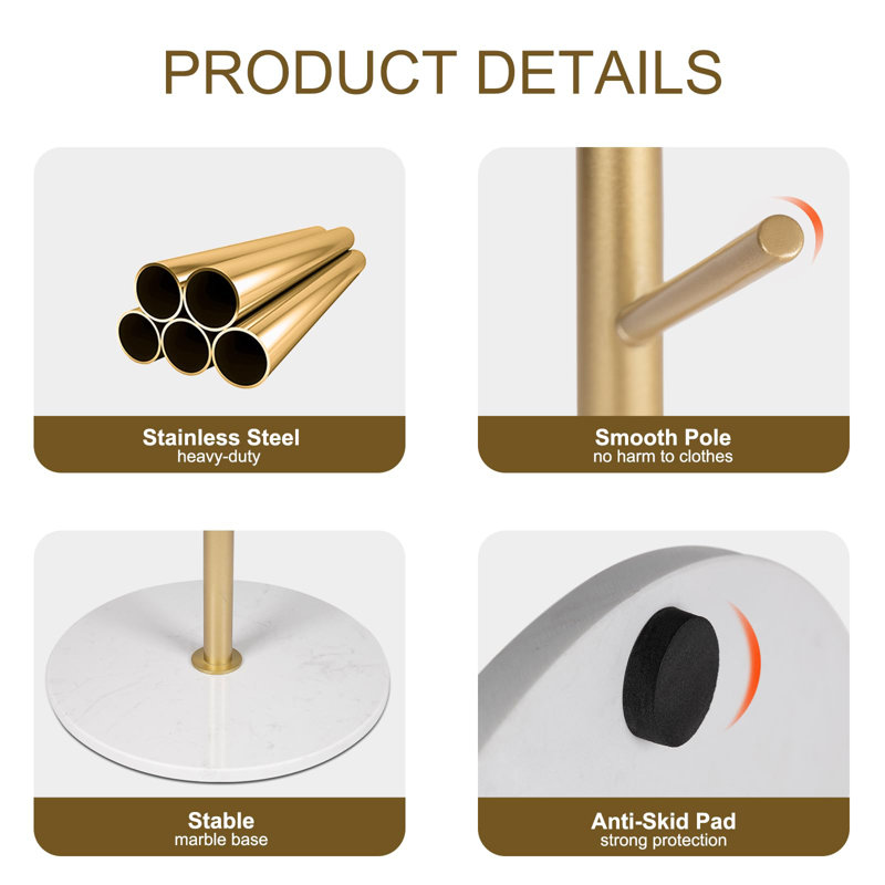 Golden Metal Coat Rack with Marble Base and 8 Hooks