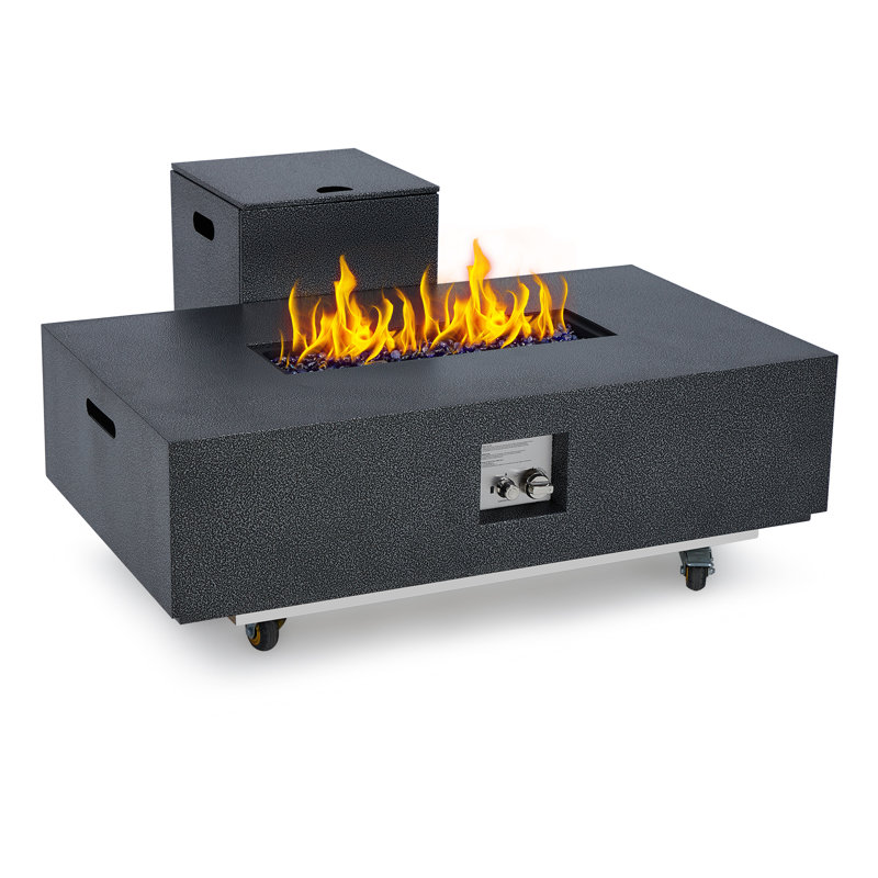 48" Outdoor Fire Table, 48 inch Rectangle Propane Gas Fire Pit Table, 50,000 BTU Modern Firepit with 16 inch Tank Cover Side Table, Wind Guard, Fire Glass, Rain Cover
