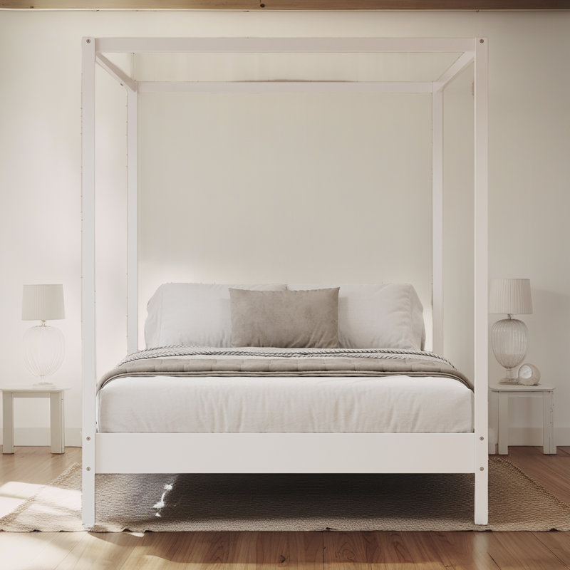 ?Elegant Canopy Bed Frame – 4-Poster Platform Bed with Slats, No Box Spring Needed?, White, Queen