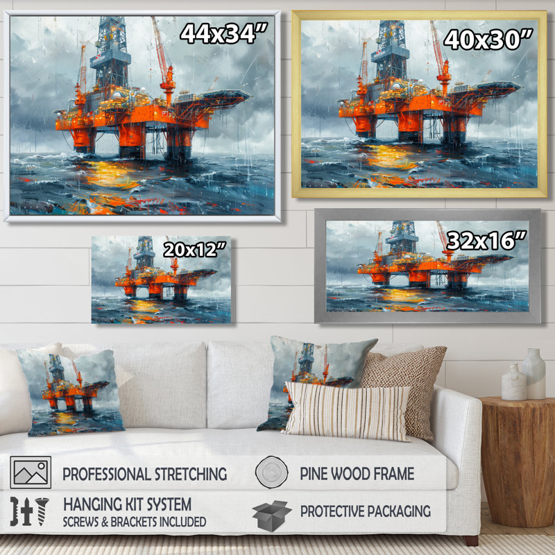 «Grey Orange Summer Summer Rig In Ocean - Oil RIGS / Fields», art mural, H 30 po x l 40 po x P 1,5 po