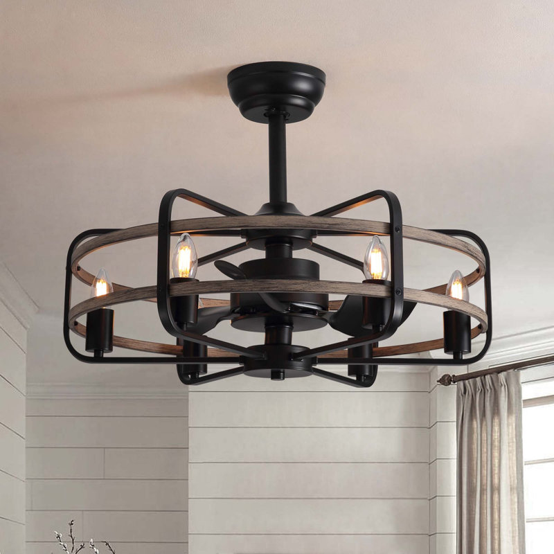 Cantin 24.8" Classic Black Caged Farmhouse Ceiling Fan With Light Kit and Remote Control, Brown/Black