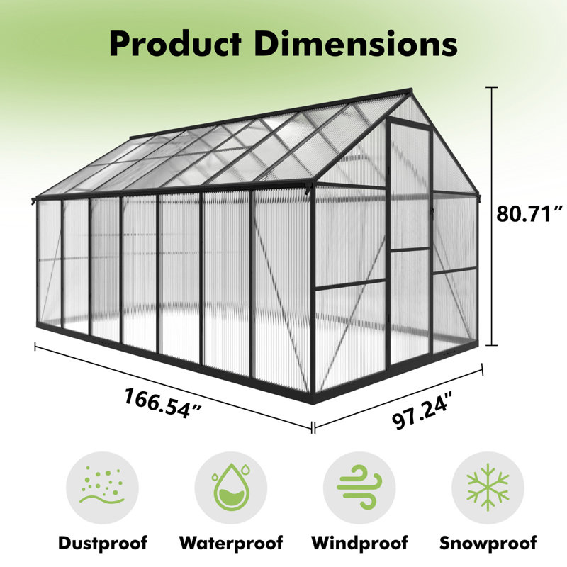 Walk-In Greenhouse With Thermometer, Polycarbonate Panels, Reinforced Aluminum Frame, Outdoor Green House With Adjustable Roof Vent