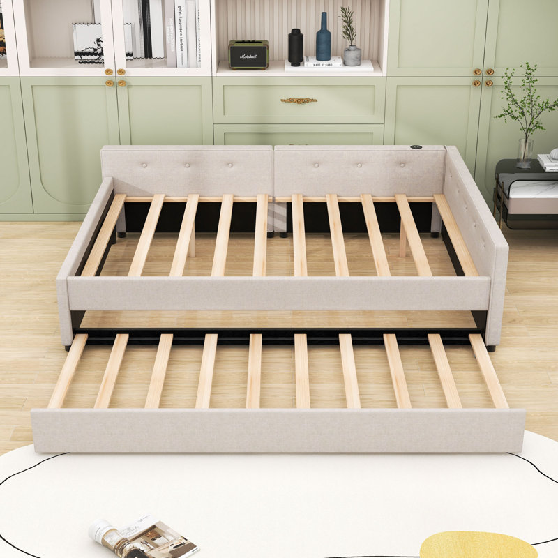 Upholstered Daybed with Twin Trundle and Built-in USB Ports, Queen
