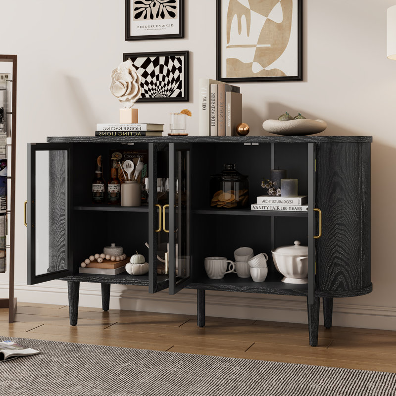  Buffet en bois de ferme avec portes en verre, tablettes réglables, rangement dans la cuisine ou le salon, noir, Noir