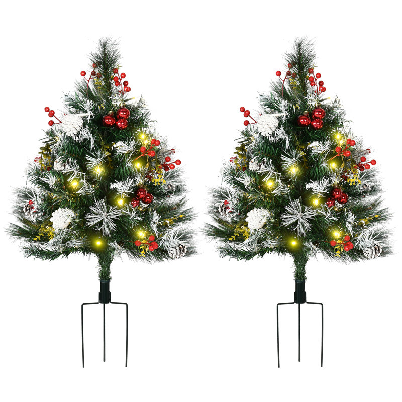 Arbre de Noël artificiel pré-éclairé 2,5 pi avec 2 branches 2,5 pi / 30 po, 70 lumières DEL blanc chaud, baies rouges, pommes de pin, boules, vert