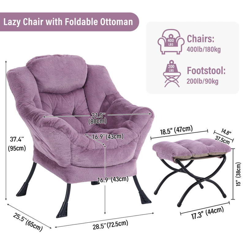 Abramson Lazy Chair, Modern Lounge Accent Chair with Armrests and a Side Pocket, Purple Plush, No