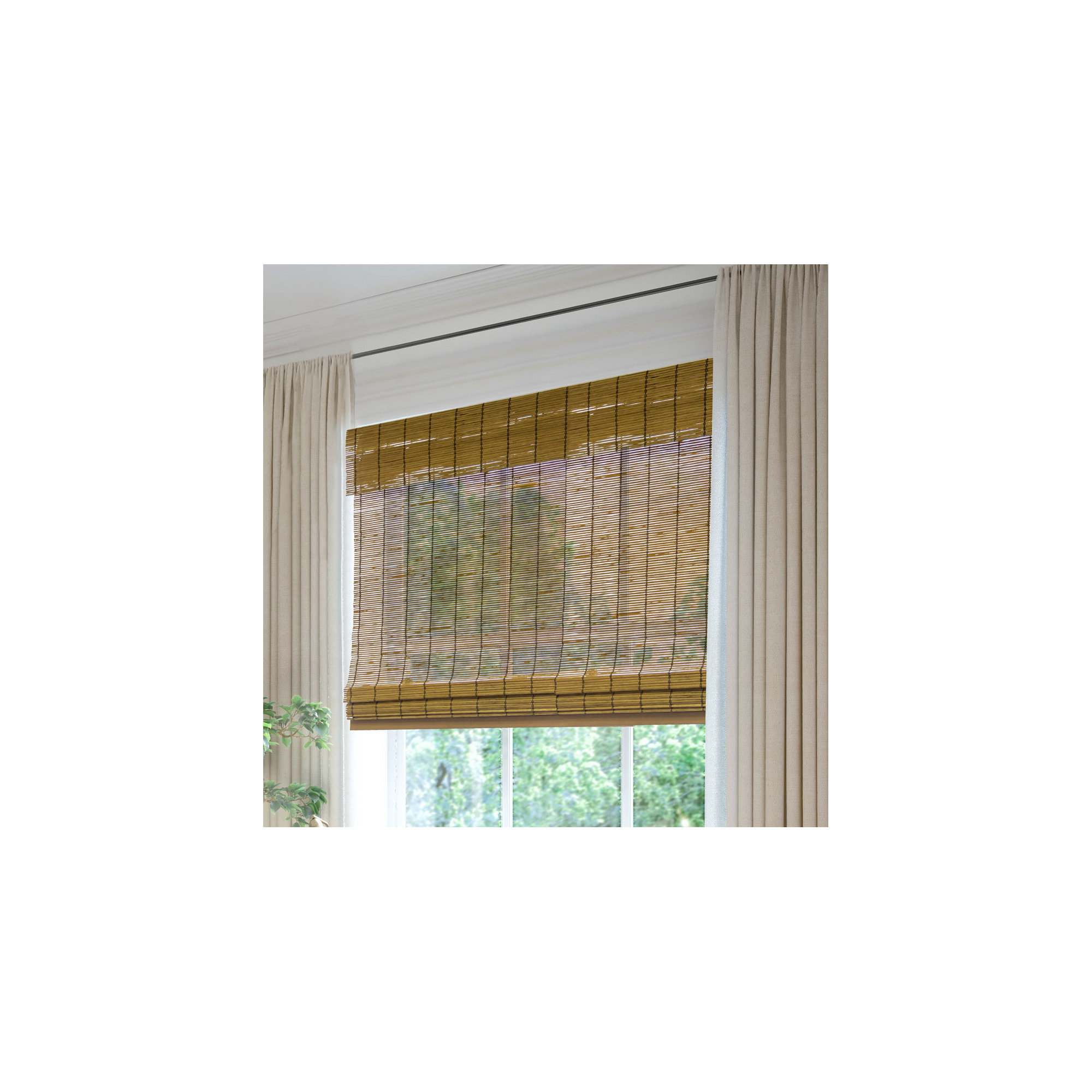 Cordless Light Filtering Woven Wood Bamboo Roman Shade with Valance, Brown, 34"W x 64"L