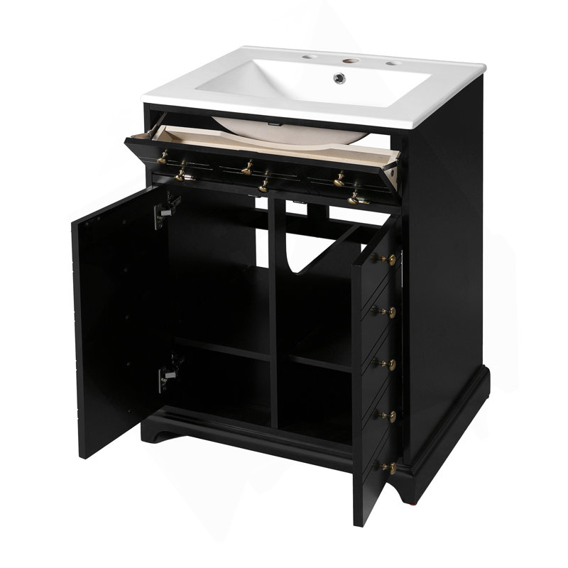 Meuble-lavabo de 24 po avec tiroir et deux portes à fermeture en douceur, armoire de rangement peinte moderne avec lavabo en céramique, meuble-lavabo simple élégant pour les petits espaces