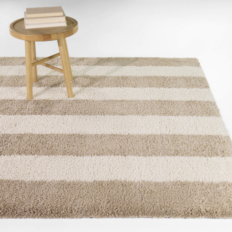 Alyzia Beige Modern Stripe Shag Area Rug, Rectangle 5'3" x 6'12"
