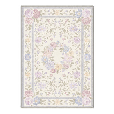 Machine Washable Floral Ivory / Lavender Area Rug With Non-Slip Backing