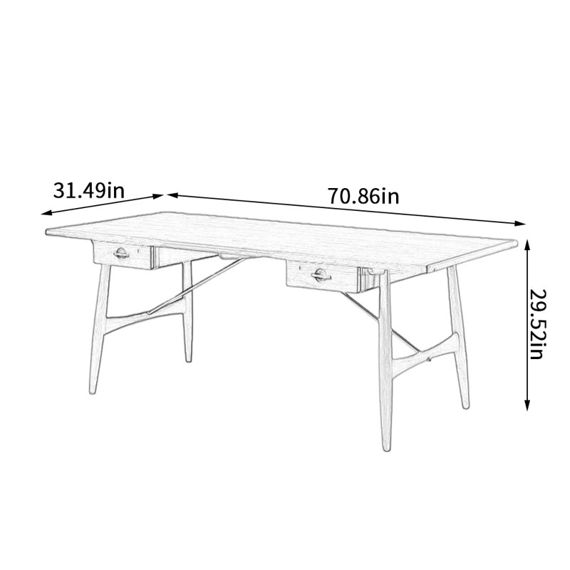 Bureau d'écriture en bois de frêne rétro, H 29,52 po x l 70,86 po x P 31,49 po
