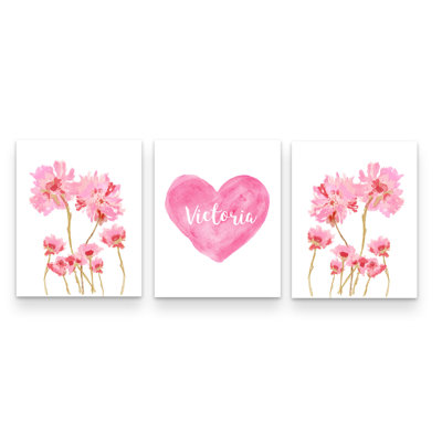 Cottage Wildflowers With Personalized Heart, Set Of 3 Paper Prints