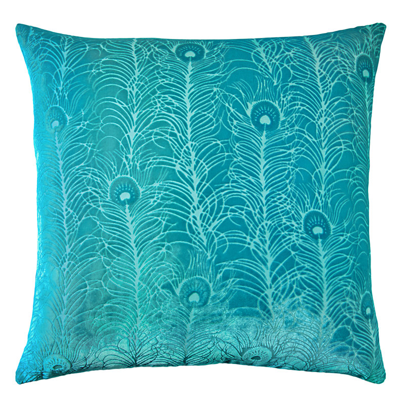 Peacock Feather Square Velvet Pillow Cover & Insert, Square 22", Aruba