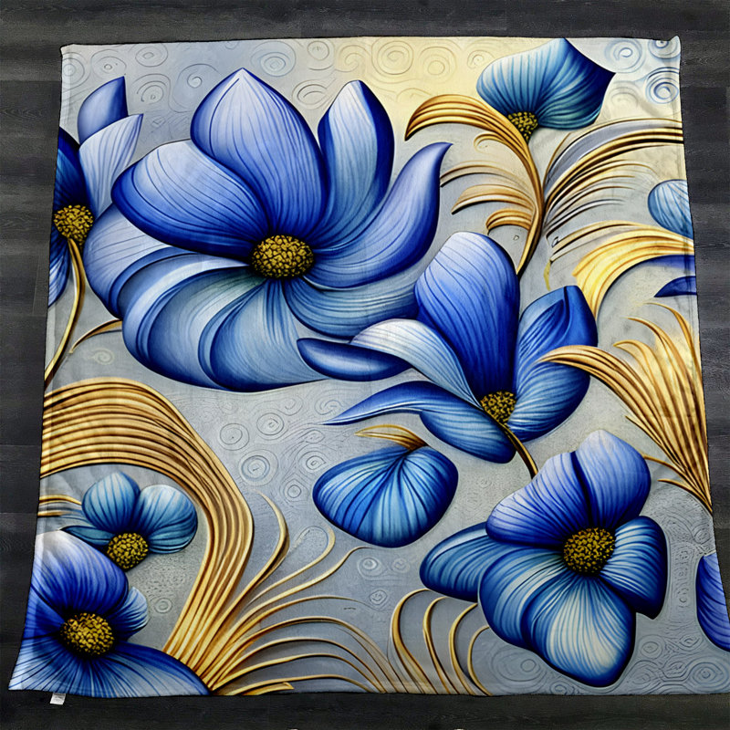 Throw Blanket, 68" W x 80" L, Floral/Abstract, Blue/Yellow/Gray