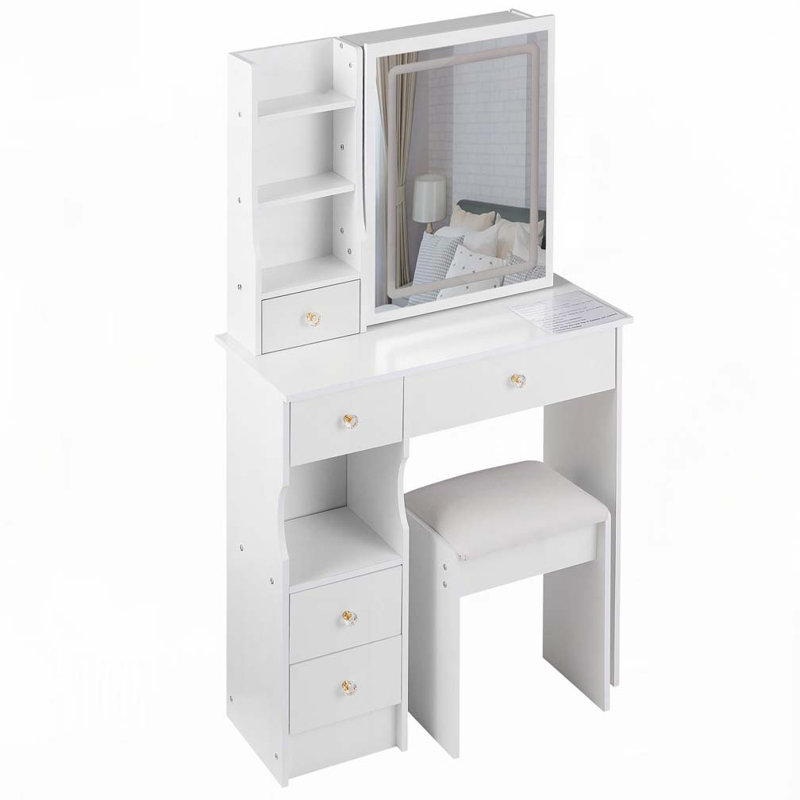 Petit meuble-lavabo de 29,2 po avec tabouret de bureau et tabouret rembourré, grand tiroir, commande tactile, interrupteur tricolore, miroir à luminosité réglable, rangement à grande capacité, convient aux petits espaces