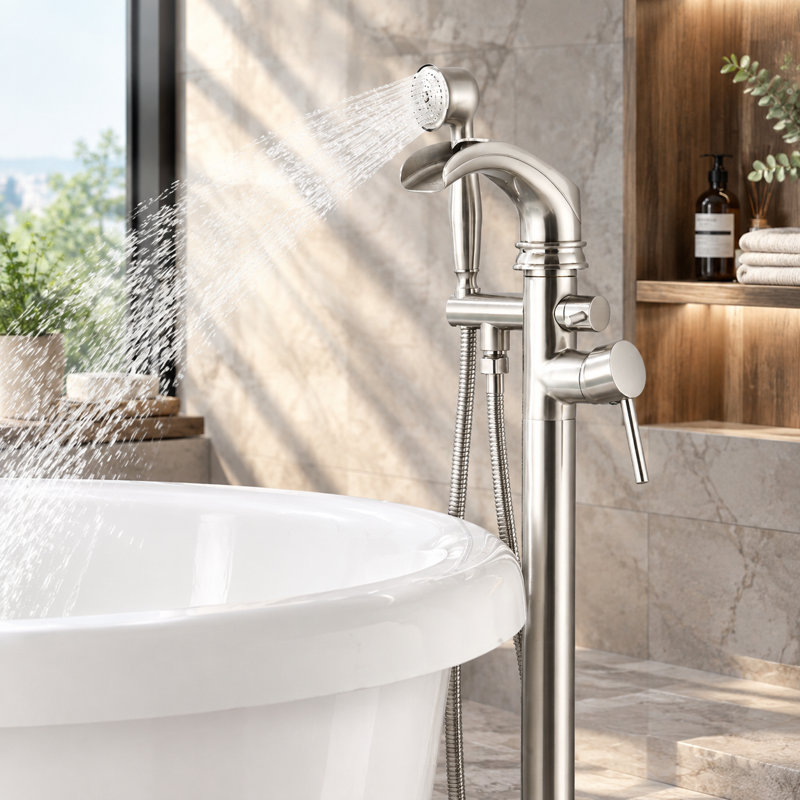 Brushed Nickle Freestanding Floor Mount Waterfall Bath Tub Filling Mixer with Hand Sprayer Single Handle Shower Faucet