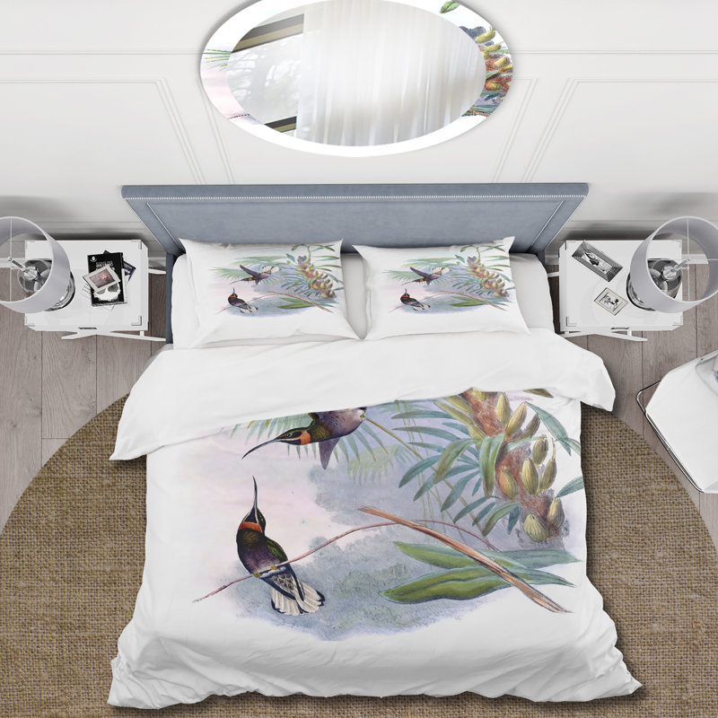 Colibri rétro sur une branche - ensemble de housse de couette traditionnel - microfibre de polyester