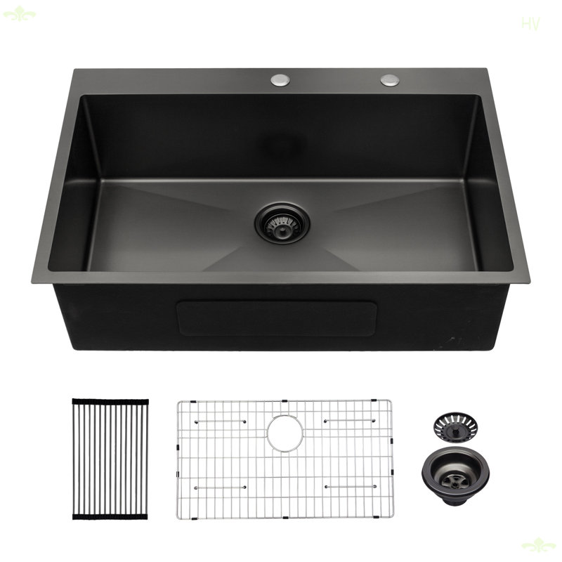 30X22 Inch Kitchen Sink Drop In 16 Gauge Stainless Steel 30" Single Bowl Topmount Kitchen Sink Basin, Matte Black