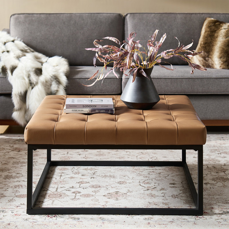 Anahli Raimondo Genuine Leather Ottoman With Metal Base, Camel