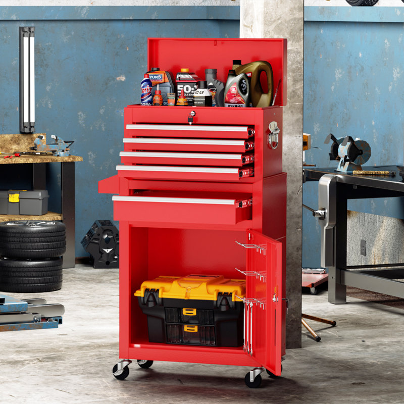Coffre à outils 5 tiroirs à roulettes, armoire à outils amovible en métal 2-en-1 avec roues verrouillables, Rouge