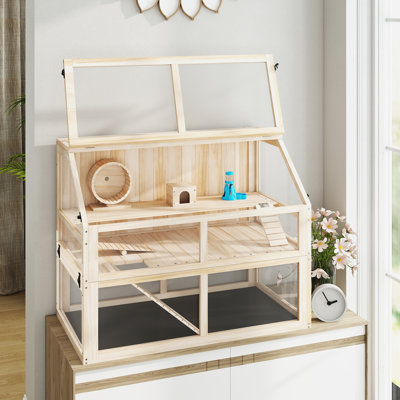 Wooden Hamster Cage, 3 Tier Small Animal Cage with Detachable 12.4" Deep Bottom, Hut, Seesaw, Exercise Wheel, Ramps, Hamster Habitat for Dwarf, Gerbil, 37" x 21" x 30"